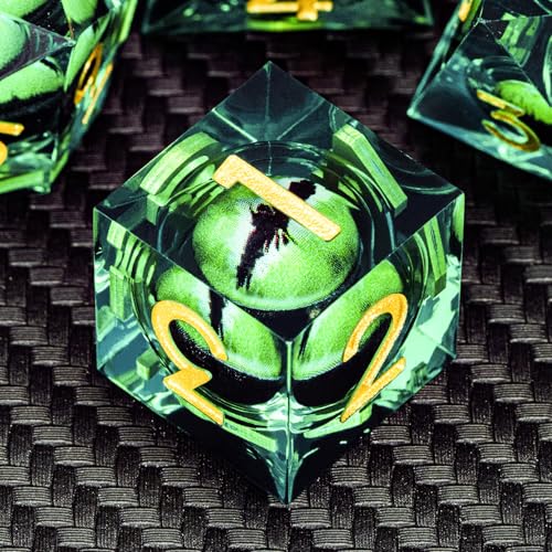 ARUOHHA DND Resin Dice Dragon Eye Dice Liquid Core Green Sharp Edged Dice Set with Gift Box, Dungeons Polyhedral D and D Dice Set Compatible with D&D Role Playing Game D20 D12 D10 D8 D6 - color: Ly02-green