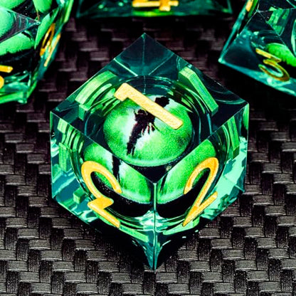 ARUOHHA DND Resin Dice Dragon Eye Dice Liquid Core Green Sharp Edged Dice Set with Gift Box, Dungeons Polyhedral D and D Dice Set Compatible with D&D Role Playing Game D20 D12 D10 D8 D6 - color: Ly02-green