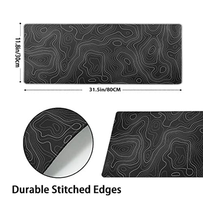 Topographic Map Large Mouse Pad XL Black Lines Contour Geographic Extended Large Desk Mat Big Desk Pad 80X30 CM Non-Slip Rubber Base Stitched Edge Long Mousepad,31.5×11.8 Inch - color: Blacktopo, size: 31.5 x 11.8 inches