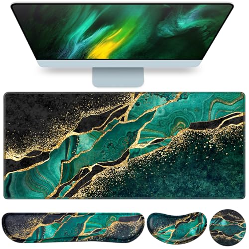 Mouse Pad Green, Desk Mat, Large Gaming Mouse Pad with Wrist Rest, 4in1 XXL Mousepad+Keyboard Wrist Rest+Mouse Pad Wrist Support+Cup Coaster Set Ergonomic Computer Desk Pad for Decor Office Women - color: Dark Green Marble