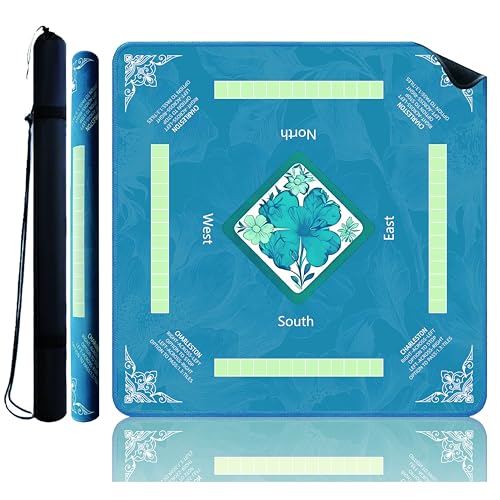 Chinoiserie Floral Mahjong Mat 32.4" x 32.4" with Rules, Anti-Slip Noise Reduction Design with Carrying Bag, Table Cover for Poker, Board Games, Dominoes and Card Games - color: Blue Floral
