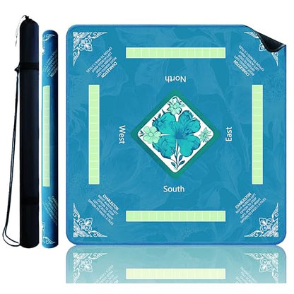 Chinoiserie Floral Mahjong Mat 32.4" x 32.4" with Rules, Anti-Slip Noise Reduction Design with Carrying Bag, Table Cover for Poker, Board Games, Dominoes and Card Games - color: Blue Floral