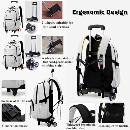 Rolling Backpack for Boys Kids Teens Elementary Wheeled School Bag with Wheels Trolley - color: Light Gray 6 Wheels, size: 6 Wheels