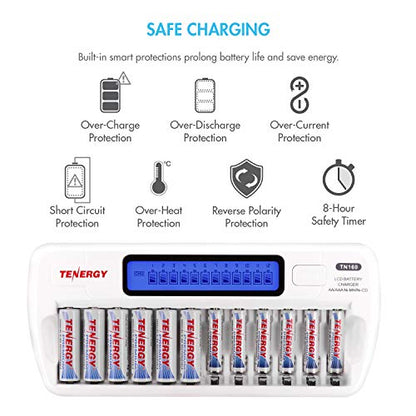 Tenergy TN160 12-Bay LCD NiMH/NiCD AAA/AA Battery Charger + 12x AA NiMH Rechargeable Batteries, Double A Batteries for Everyday Electronics - size: Charger + 12 Pack NiMH AA