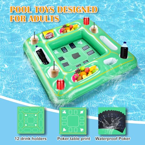 Kaiedos Floating Game Table for Pool - Inflatable Floating Table with Waterproof Playing Cards, 40"x40" Large Pool Float Drinks for Adults, Includes 12 Drink Holders (Green)