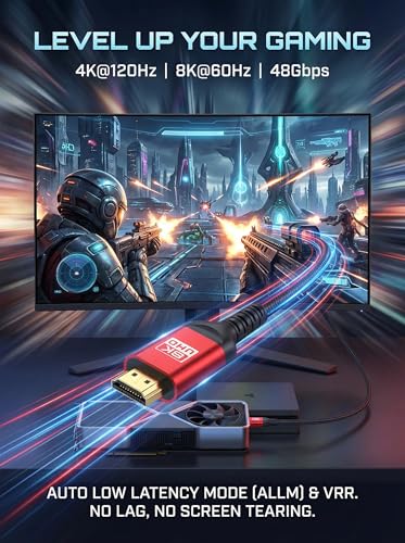 8K HDMI 2.1 Cable 12ft, Certified 48Gbps Ultra High Speed Braided Cord, Supports 4K@120Hz 8K@60Hz, eARC HDR10+ HDCP 2.3, Compatible with PS5, Xbox Series X, Gaming PC, Roku TV & Monitor - size: 12 Feet