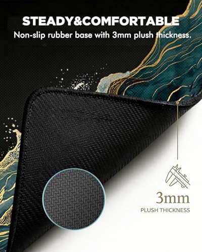 Mouse Pad, Desk Mat, 31.5x11.8in Large Mousepad, Blue Gold Waves | Desk Pad with Stitched Edge & Rubber Non-Slip Bottom, Gaming Mouse Pad, Extended Mousepad for Home, Office - color: Blue Gold Waves