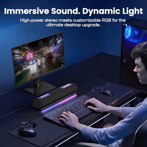 Deeyaple Computer Speakers, 40W PC Speakers for Desktop Monitor with Bluetooth 5.3 & USB Audio, HiFi Stereo Gaming Soundbar with Custom EQ Software, Dynamic RGB Lighting for Laptop, PS4, PS5, Black.