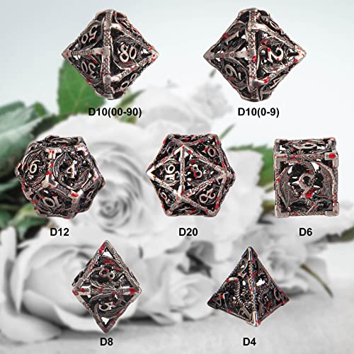 DND Dice Hollow D&D Metal Dice Dungeons and Dragons Dice Set with Gift Box 7 PCs Steampunk Polyhedral Dice Games Set for RPG,MTG,Pathfinder,(Dragon Blood Spattered) - color: Dragon Blood Spattered