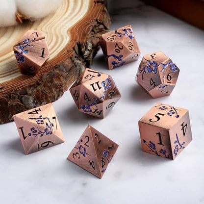 DNDND Metal Dice, 7 PCS Heavy Solid Metallic Flower DND Dice Set with Gorgeous Gift Case for D&D Dungeons and Dragon Tabletop Game (Ancient Copper) - color: Flower Copper