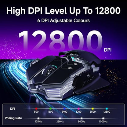 EWEADN G5 Tri-Mode Wireless Gaming Mouse, 12800 DPI Programmable Ergonomic Mouse with Metal Base for Stability, 500mAh Rechargeable, 8 Macro Buttons, Rapid Fire Key, RGB Backlit for FPS PC Mac - Black - color: Black