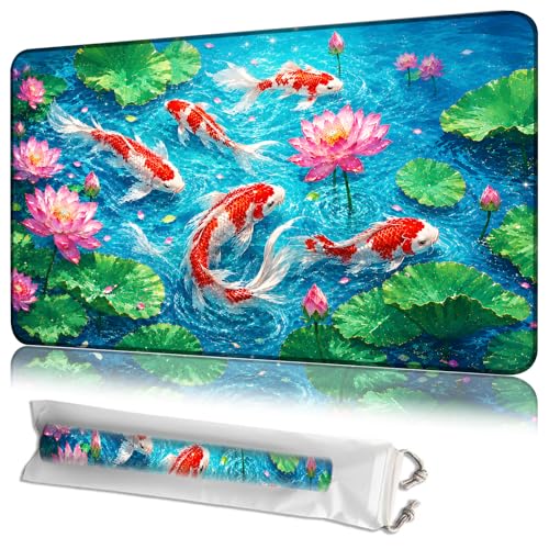 MTG Playmat with Storage Bag, Red Koi Fishes Pond, 24 x 14 Inch Stitched Non Slip Rubber Trading Card Game Mat, 2mm Thick Tabletop Mat for Card Games - color: Red Koi Fishes Pond, size: 24L x 14W inches