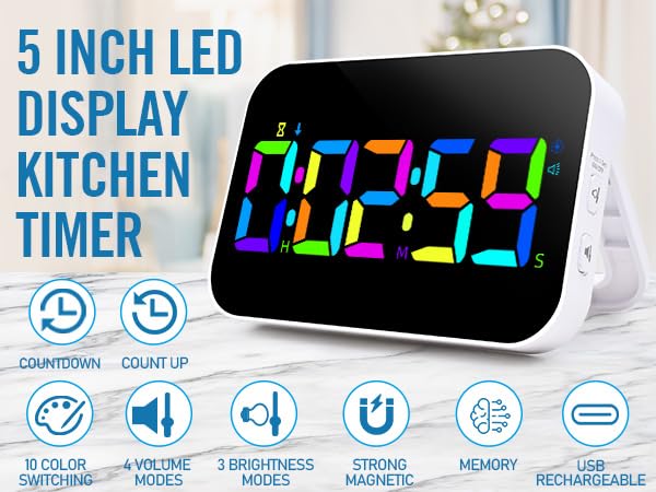 Kitchen Digital RGB Timer, Count Down Up, Rechargeable, Vibration Mode Adjustable Volume and Brightness LED Display, Time Management Cook, Desk, Kids Adults Study Teaching, Kitchen Gadgets - color: Rgb
