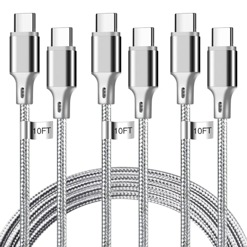 USB C to USB C Charger Cable, 3Pack 10FT Type C Fast Charging Cord Compatible for iPhone 15/16/17/Pro/Max/Plus, iPad Pro Air Ps5 Controller Samsung Galaxy - Gray - color: Grey, style: 3P C2C 10FT