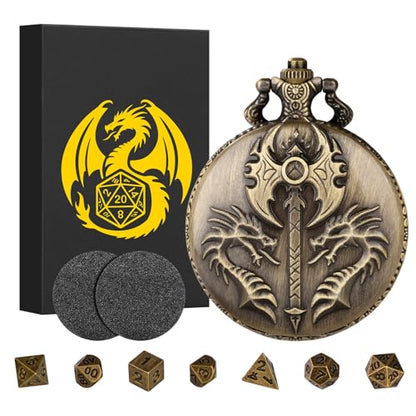 Mini DND Dice Set with Double Headed Dragon(Top Double-Sided Axe) Pocket Watch Case, 7-PCS Polyhedral Metal D&D Dice, DND Gifts with Gift Box, Role Playing Game Board Game Accessories Dice, Bronze - color: Bronze