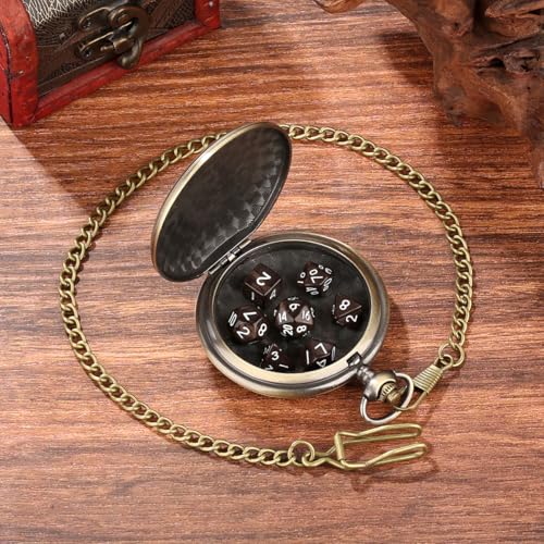 DND Dice Set, 7pcs Small Acrylic Dice with Pocket Watch Case, DND Starter Set, Polyhedral Dice for RPG, Shadowrun, TCG, D&D Accessories, Gifts for Men Women, 3 Head Dragon Design, Brown Dice - color: 3 Dragon Head a