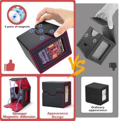 Commander Deck Box for MTG/PTCG/TCG - Patent Pending, Black Red | Card Deck Box with Display Fits 100+ Double-Sleeved Cards, Magnetic Trading Card Box with Dice Tray & 35PT Card Holder - color: Black Red