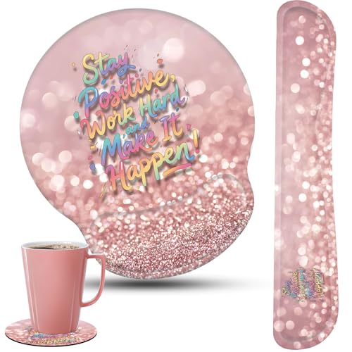 Keyboard Wrist Rest and Mouse Pad Wrist Support Set with Coasters,Stay Positive Work Hard and Make It Happen Inspirational Quote Wrist Mouse Pad with Non-Slip PU Base for Computer Laptop Home Office - color: Stay Positive Work Hard and Make It Happen, siz
