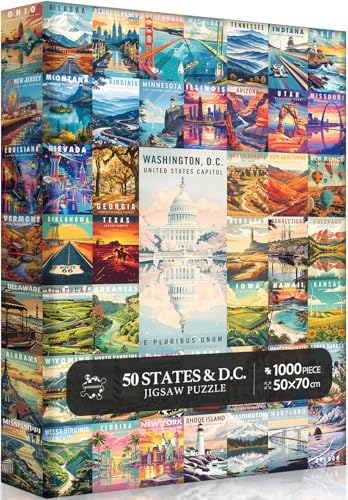 50 States & Washington, D.C. Jigsaw Puzzles for Adults 1000 Pieces, United States 1000 Piece Puzzle, Travel Poster Design of Family Puzzle,challenging Puzzle,USA States Puzzle