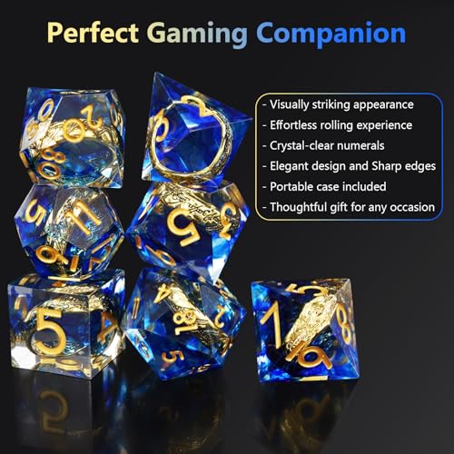 Golden Ring DND Dice Set, 7pcs D&D Polyhedral Sharp Edge Resin Dice with Box, Rings Dice Set for Role Playing Dungeons and Dragons, Playing Games for D and D MTG RPG Table Game Gifts (Blue) - color: Ring Blue, style: Ring