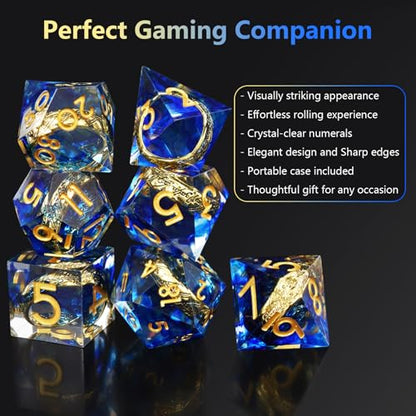 Golden Ring DND Dice Set, 7pcs D&D Polyhedral Sharp Edge Resin Dice with Box, Rings Dice Set for Role Playing Dungeons and Dragons, Playing Games for D and D MTG RPG Table Game Gifts (Blue) - color: Ring Blue, style: Ring
