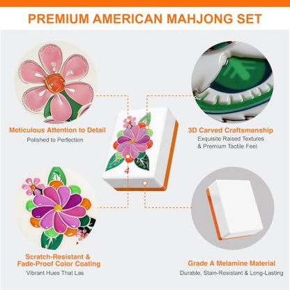 American Mahjong Tile Set - 168 Engrave Mah jongg Tiles Game Sets 1.2-inch Complete Cute Mah Jong, Beautiful Pretty 1.2” Majong Only, Mahjongg with Bag and Dice Accessories (Orange) - color: Orange - 2