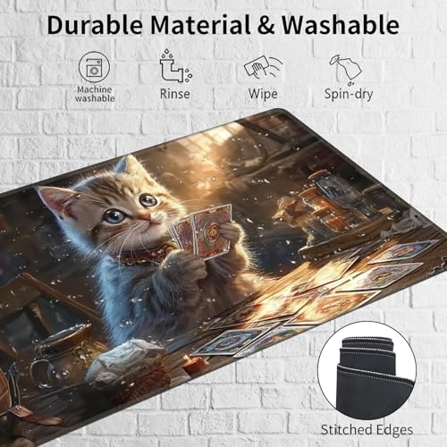 MTG Playmat 27.5 x 15.7in Includes Storage Bag,TCG Playmat with Soft Surface Premium Non-Slip Rubber Backing Stitched Edges Durable Gaming Mat,Cat Playing Cards - color: Cat Playing Cards, size: 27.5"×15.7" Regular