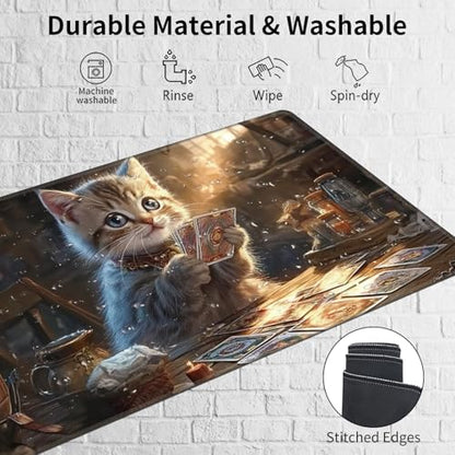 MTG Playmat 27.5 x 15.7in Includes Storage Bag,TCG Playmat with Soft Surface Premium Non-Slip Rubber Backing Stitched Edges Durable Gaming Mat,Cat Playing Cards - color: Cat Playing Cards, size: 27.5"×15.7" Regular