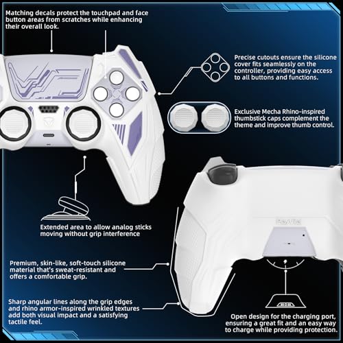 PlayVital Silicone Skin Set for PS5 Controller - Mecha Rhino Design, Anti-Slip Grip Cover Protector Compatible with Charging Dock, with Thumb Grips & Touchpad Sticker - White & Light Violet - color: White & Light Violet