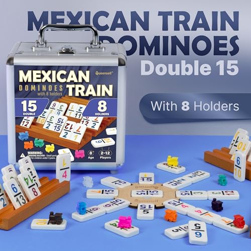Queensell Mexican Train Dominoes Set Double 15 with Numbers - Dominoes Set for Adults and Family – 136 Tiles, 9 Trains, Wooden Hub, 8 Tile Holders, Aluminum Case (D15 Numbers + 8 Holders) - style: D15 Numbers + 8 Holders