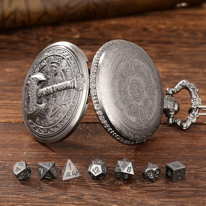 Mini DND Dice Set With Steampunk Barbarian Axe Pocket Watch Shell Case, 7pcs Polyhedral Metal Dice Set, D&D Gifts With Gift Box, Role Playing Board Games Accessories, Dark Silver - color: Dark Silver