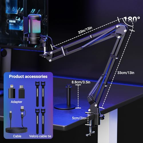 USB Gaming Microphone Kit, RGB Condenser Mic with Mute, Gain, Monitoring Adjustable Boom Arm Stand, Pop Filter, for Streaming, Podcasting, PC Gaming, YouTube, Compatible with PS4/PS5/Windows/Mac