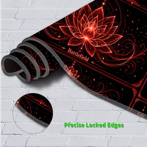 Playmat for MTG with Zones, 24 x 14 Inch Card Game Mat, Stitched Edges, Non Slip Rubber Base, 2mm Washable Play Mat with Storage Bag, Lotus Flower Design, Red Color - color: Red