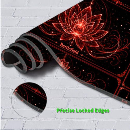 Playmat for MTG with Zones, 24 x 14 Inch Card Game Mat, Stitched Edges, Non Slip Rubber Base, 2mm Washable Play Mat with Storage Bag, Lotus Flower Design, Red Color - color: Red