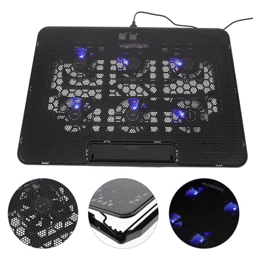 Kisangel Laptop Cooling Pad, 6 Fan Silent Cooler Stand for 15.6 in Notebook | Features blue LED lights, USB powered cooler stand with ergonomic, adjustable height, gaming, office, 14.1 x 10 inches