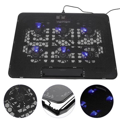 Kisangel Laptop Cooling Pad, 6 Fan Silent Cooler Stand for 15.6 in Notebook | Features blue LED lights, USB powered cooler stand with ergonomic, adjustable height, gaming, office, 14.1 x 10 inches