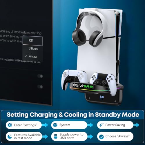 P S5 Wall Mount Kit with Cooling Fan and Charging Station Compatible with PS5/ Slim/Pro Disc and Digital, PS Five Floating Shelf with 9 RGB Lights, Black, Sony PSP Accessories Cables Adapters Cables - color: Black