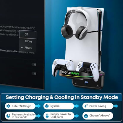 P S5 Wall Mount Kit with Cooling Fan and Charging Station Compatible with PS5/ Slim/Pro Disc and Digital, PS Five Floating Shelf with 9 RGB Lights, Black, Sony PSP Accessories Cables Adapters Cables - color: Black