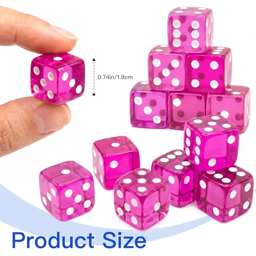12 Piece 19 mm Casino Style Dice Set, Acrylic Translucent D6 Dice with Square Rounded Edge, Rose Red for Craps, Table Games, Board Games, RPG, MTG, DND(Rose red) - color: Rose Red
