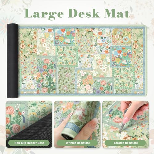 iLeadon Mouse Pad and Keyboard Wrist Rest, Large Computer Desk Mat Set | Mouse Pad Set with Wrist Pad for Keyboard, Cute Green Desk Pad Mat with Non Slip Base Office Home(Floral) - color: Green