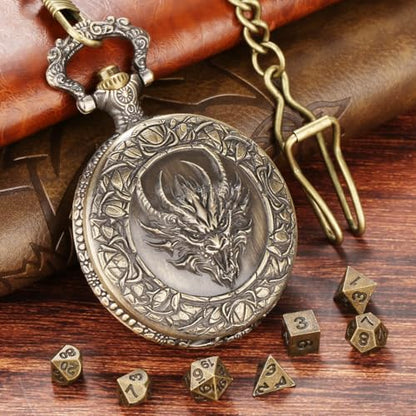 Mini DND Dice Set, Steampunk Dragon Head Pocket Watch Shell Case, 7 Piece Polyhedral D&D Dice, DND Leather Gift Bag with Dragon Logo, MTG, Role Play Board Game Accessories, Bronze Dragon Gifts - color: Dragon Head