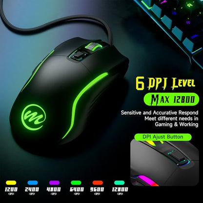 memzuoix Wired Gaming Mouse with RGB - 6 Adjustable DPI up to 12800, 6 Buttons, 12 Lighting Modes, Ergonomic Design with Anti-Slip Rubber Wheel, 5.6ft Braided Cable for PC/Mac/Windows - Black - color: Black