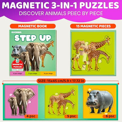 QUOKKA Step Up Magnetic Puzzles for Toddlers 1-3, Safari Animals Puzzle Set in One Book, Travel Games for Kids 3-5, Screen Free Toy for Toddlers and Preschoolers - color: Safari1