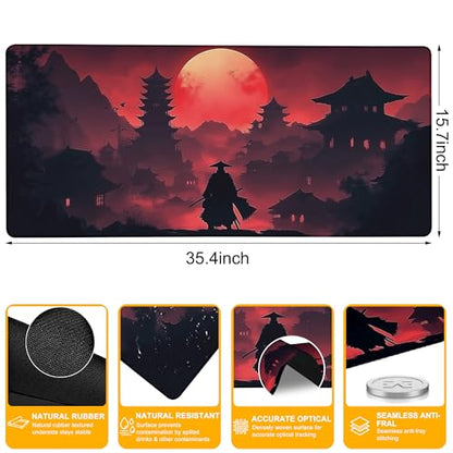 Large Mouse Pad Samurai Blood Moon Dusk Waterproof Extra Large Mousepad with Stitched Edges Non-Slip Rubber Base Computer Protector Desk Pad for School Office Home 35.4"X 15.7" - color: Blood Moon Cherry Blossom