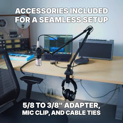 Rockville R-BOOM 34 Black 34" Easy-Adjust Boom Arm Studio Podcast Mic Stand | Desk Clamp, Steel Construction, No Exposed Springs, 360-Degree Rotation, Broadcast/Streaming, Includes Mic Clip and Adapter