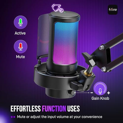 FIFINE AmpliGame A8T USB Gaming Microphone, PC Condenser Mic with Boom Arm | Quick Mute, Gain Knob, RGB Control, Headphone Jack, for PC/PS5 Streaming Discord Twitch Recording Podcasts YouTube, Metal - size: A8T-Boom Arm