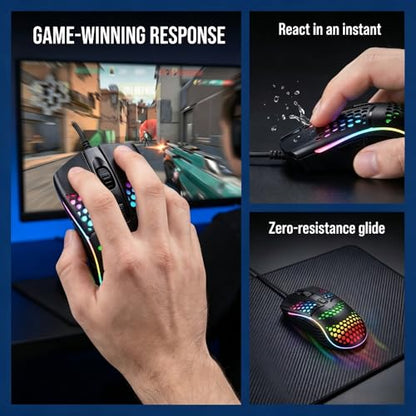 【Lightweight Honeycomb Design】 Ergonomic Wired Gaming Mouse, 1600 DPI, 4 Buttons, RGB Rainbow LED Backlit, 1.3M USB Cable, Plug & Play for PC/MAC Gamers - color: Black, size: Professional Mouse