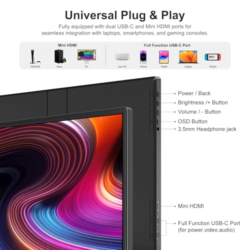 Anyuse 14" FHD 1920×1200 Portable Monitor – USB-C HDMI Ultra-Slim IPS Travel Display with Speakers, HDR Plug & Play, 400cd/m² Brightness, External Second Screen for Laptop PC Mac Phone - size: 14''