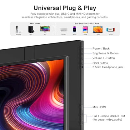 Anyuse 14" FHD 1920×1200 Portable Monitor – USB-C HDMI Ultra-Slim IPS Travel Display with Speakers, HDR Plug & Play, 400cd/m² Brightness, External Second Screen for Laptop PC Mac Phone - size: 14''