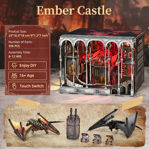MiniCity Ember Castle Book Nook Kit, DIY 3D Wooden Miniature House with LED | 596-piece wood/paper/plastic kit with LED and dust cover; glue/tools included; 10-12 hr build for shelf decor, ages 14+. - style: Ember Castle